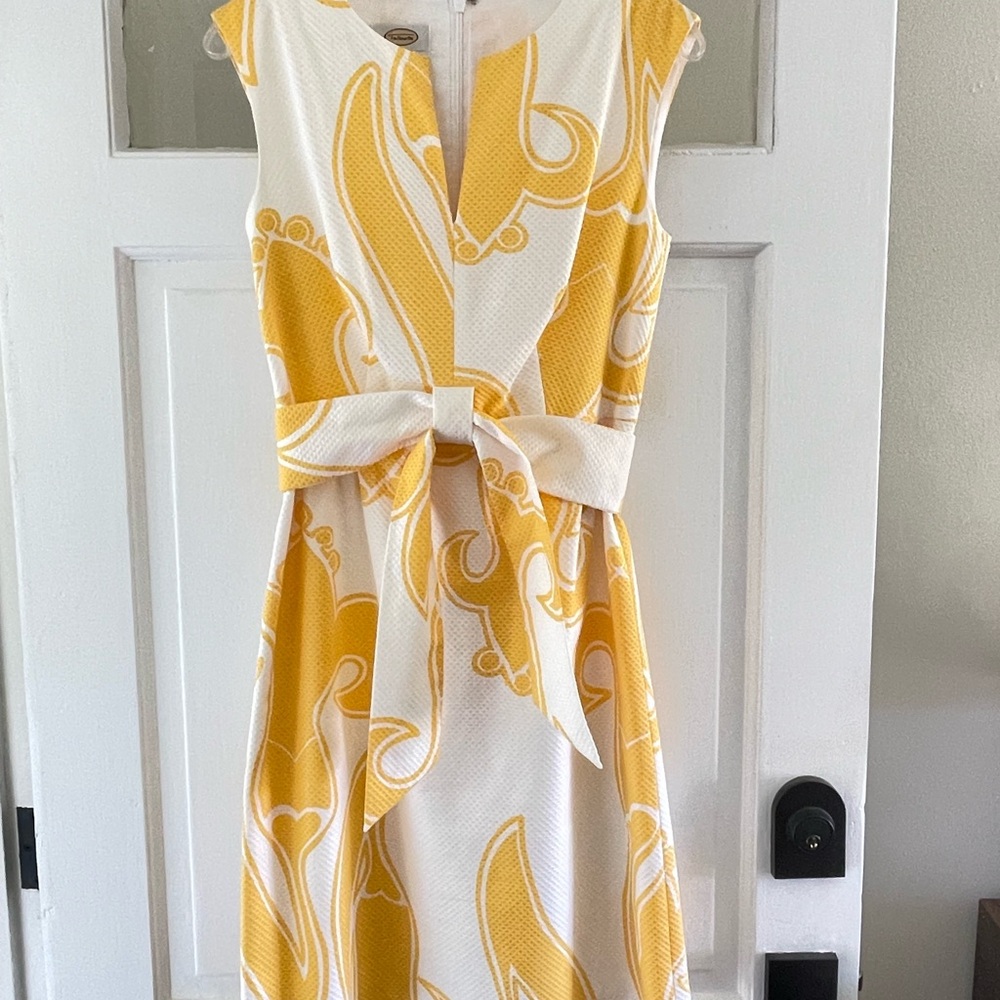 Talbots Yellow and White Tie-Waist Midi Dress